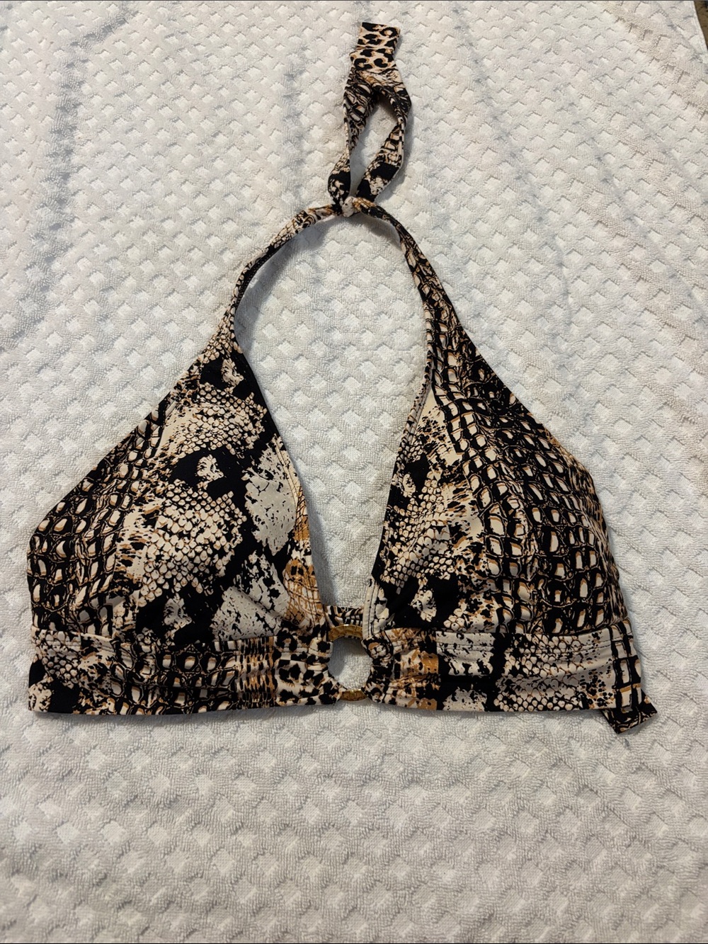 Bleu Rod Beattie‎ Snake Print Halter Bikini Top in Black and Beige